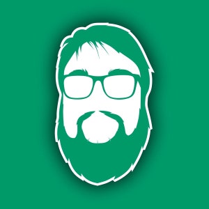 May include: A green silhouette of a person with a beard and glasses. The person is wearing a white shirt and has a white face.