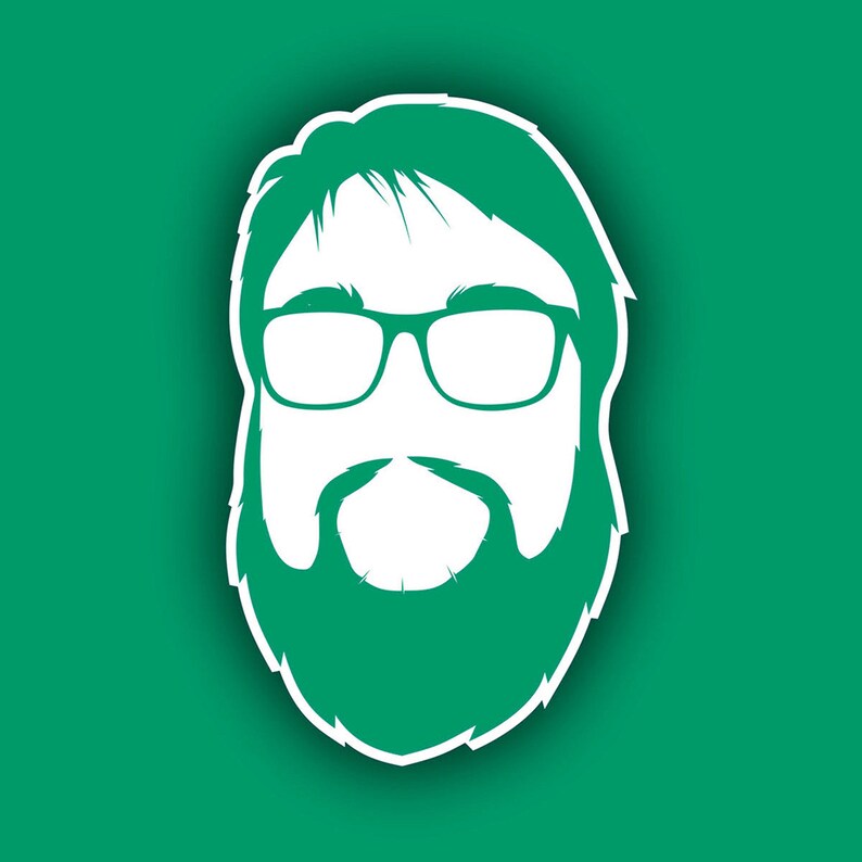 May include: A green silhouette of a person with a beard and glasses. The person is wearing a white shirt and has a white face.