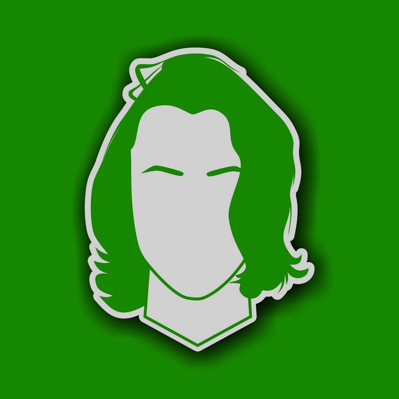 May include: A white silhouette of a person with long, dark green hair. The background is green.