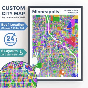 Puede incluir: Un mapa de la ciudad de Minneapolis, Minnesota, de colores. El mapa está dividido en bloques de diferentes colores, con un río que atraviesa el centro. El mapa está enmarcado en un marco negro.