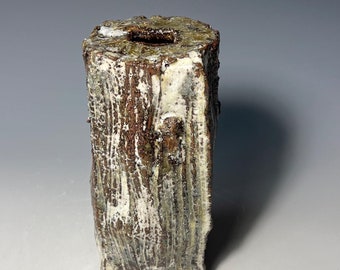 Square vase, Tree Bark Vase, Forest vase, Chamotte Vase, Sculptural vase, Hand made Vase, Highfired ceramic vase, Ashglazed Vase, Green