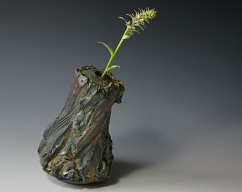 Forest vase, Chamotte Vase, Sculptural vase, Hand made Vase, Highfired ceramic vase, Ashglazed Vase, Green vase, One flower vase