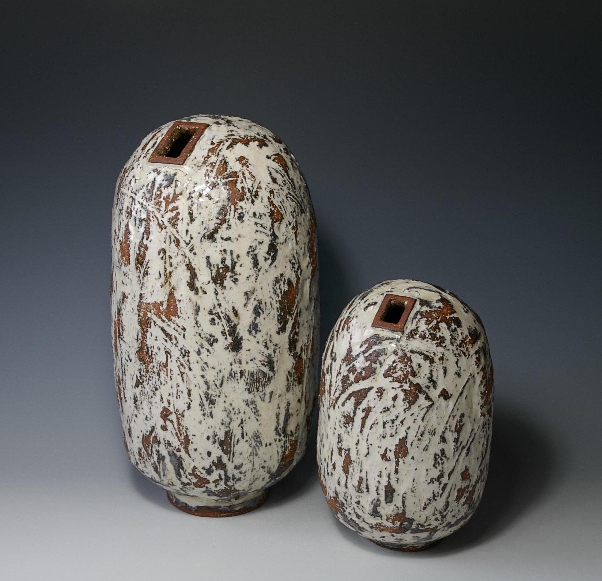 Set of Vases, Japanese style Vases, Two vases, Chamotte Vases, Handbuit Vases, White Vases, Ash Glazed, Rustic,