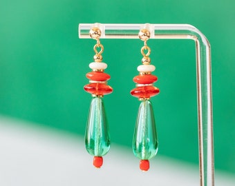 Teal & red beaded dangle earring, summer, spring, bright, czech glass, handmade, gold findings, dangle earrings