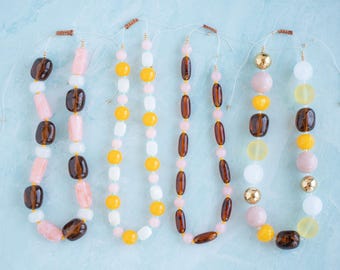 Vacation Club Necklace with Genuine Vintage Lucite and Acrylic Chunky Statement Beads Adjustable Short Choker Layer Yellow Brown Pink Cream