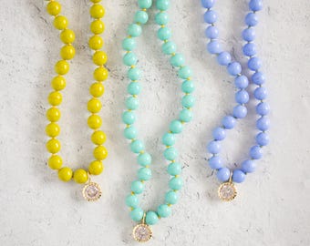 Stillpoint Necklace - Glass Czech Bead Beaded Necklace with Gold Plated CZ Charm