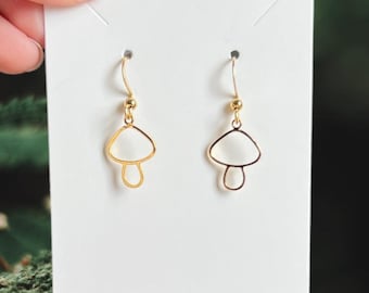 24k Gold Plated Mushroom Earrings, sensitive ears, fairy, cottagecore, stainless steel, nickel free, hypoallergenic