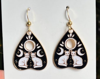 Ouija Cat Earrings, Sensitive ears, Gold, silver, Stainless Steel, Hypoallergenic, Planchette, Familiar, Halloween, Spooky, Silver