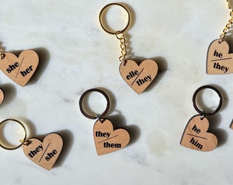 Pronoun Heart Keychain - Handmade, pride, lgbtq, gender, natural, organic, custom, Gift