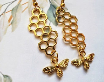 Golden Bee and Honeycomb Dangle Earrings