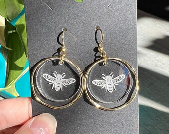 Bee Earrings, laser engraved, acrylic, minimal, gift, dangle