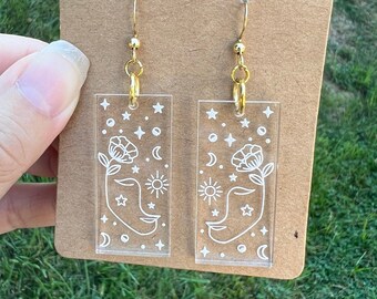 Minimalist Earrings, line art, Goddess, floral, moon, stars, celestial, minimal, handmade, boho,