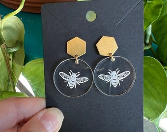 Bee Earrings, laser engraved, acrylic, minimal, gift, dangle