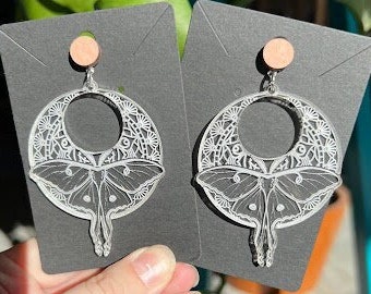 Engraved Luna Moth Earrings, handmade, gift, mother's day