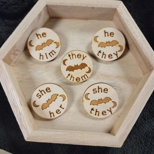 Bat Pronoun Pins He/Him , She/They , They/Them , Ze/Zir , She/Her , He/They Wood / Button 1 1/4 32mm / moon / stars image 2