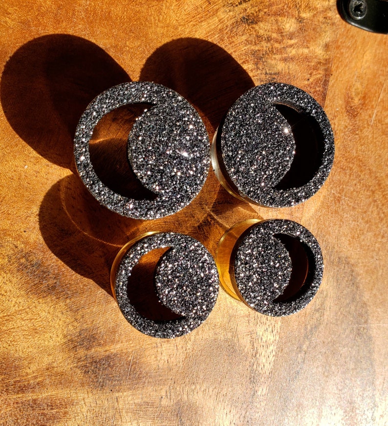 0g 2 Black Glitter Moon Plugs 00g , 7/16 , 1/2 , 9/16 , 5/8 , 3/4 7/8 , 1 Gauges / Wood / Organic / Tunnels image 2