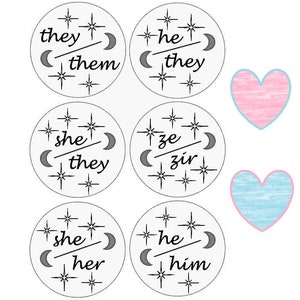 Pronoun Pins She/Her , He/They , She/They , He/Him , They/Them , Ze/Zir, Star, Moon, Handmade, Wood, Gift, Christmas, Trans, Nonbinary image 2