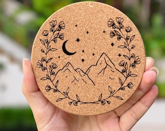 Mountain Floral Cork Coasters, flower, decor, gift, kitchen, nature, fall, stars