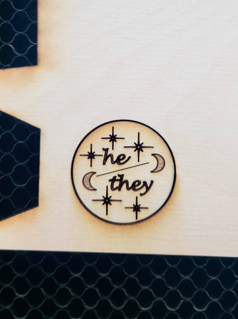 Pronoun Pins She/Her , He/They , She/They , He/Him , They/Them , Ze/Zir, Star, Moon, Handmade, Wood, Gift, Christmas, Trans, Nonbinary image 4