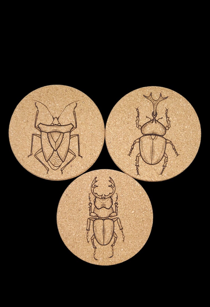 Set of Cork Coasters, Insect, Beetle, handmade, decor, spooky, halloween image 1