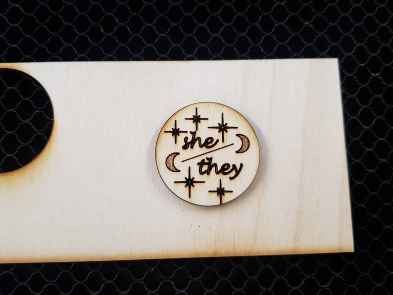 Pronoun Pins She/Her , He/They , She/They , He/Him , They/Them , Ze/Zir, Star, Moon, Handmade, Wood, Gift, Christmas, Trans, Nonbinary image 3