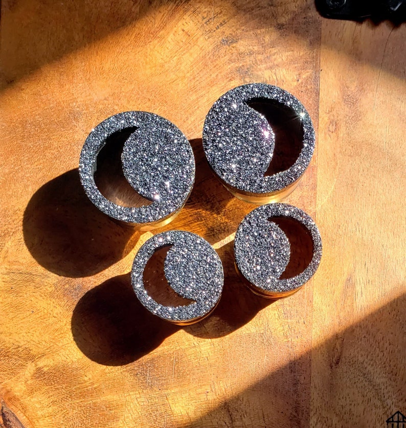 0g 2 Black Glitter Moon Plugs 00g , 7/16 , 1/2 , 9/16 , 5/8 , 3/4 7/8 , 1 Gauges / Wood / Organic / Tunnels image 1