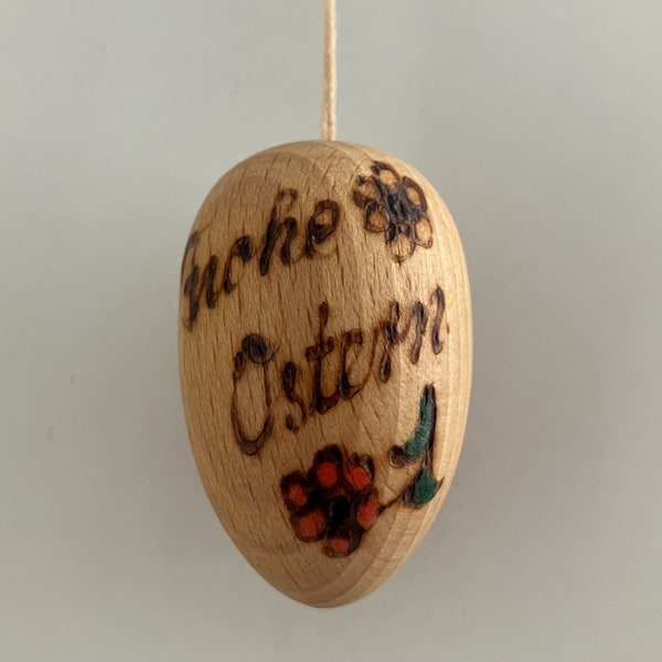 Wooden "Happy Easter" Egg Ornament Pyrography Handarbeit Germany