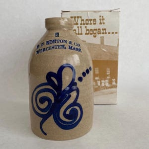 Vintage 1987 F. B. Norton & Co. Handmade Stoneware 5 Inch Replica Jug Featuring Colbalt Blue Floral Decorative Brushwork