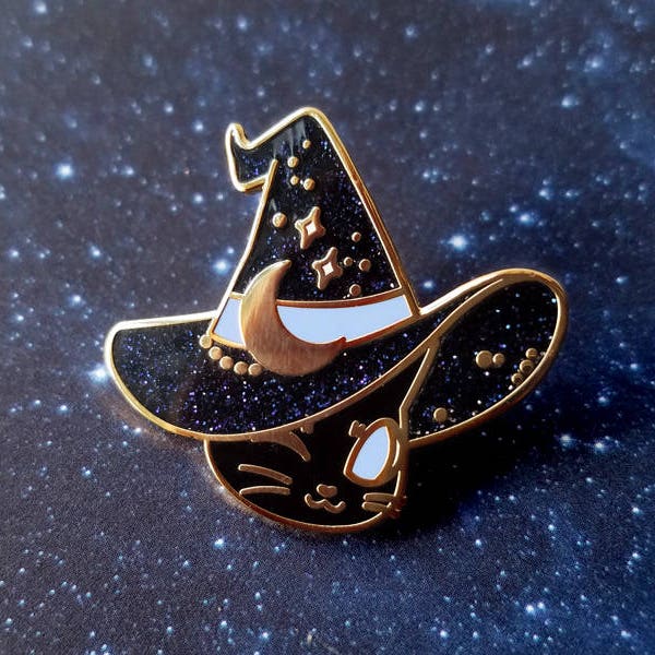 Glitzer magische Katze harte Emaille Pin / / Hexe Katze Anstecknadel / / Halloween Katze Pin Badge