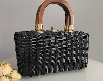 1950s basket bag | vintage 50s vinyl handbag