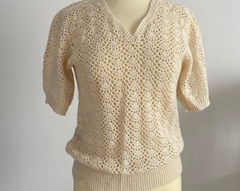 Vintage Crochet Wool Sweater | 1960s Cream Knit Top
