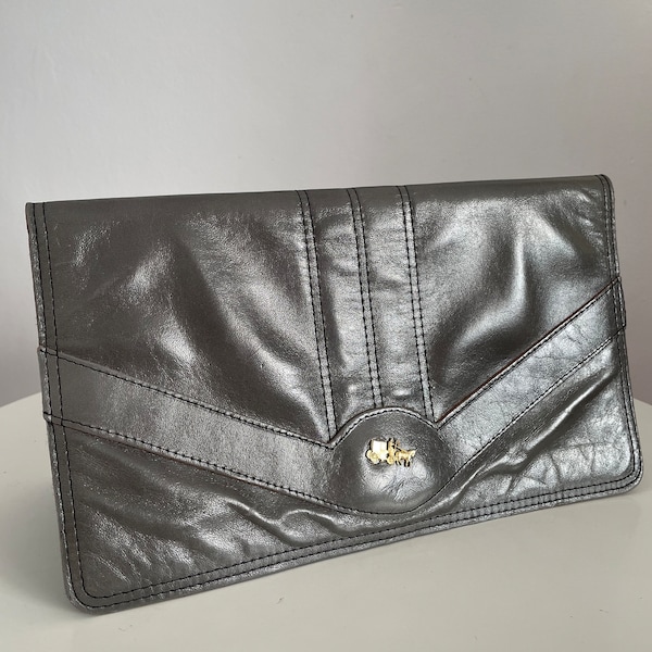 50er Jahre graue Leder clutch | Vintage 50er Jahre Ledertasche