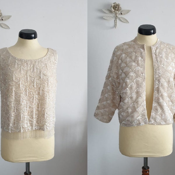 1950s sequined shell tank and jacket | vintage 50s two pieces top & jacket