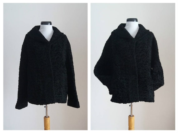 Vintage 1960s faux curly lamb coat | 60s black fau