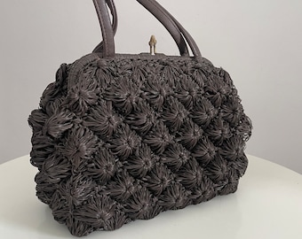 1950s brown raffia handbag | vintage 50s raffia bag