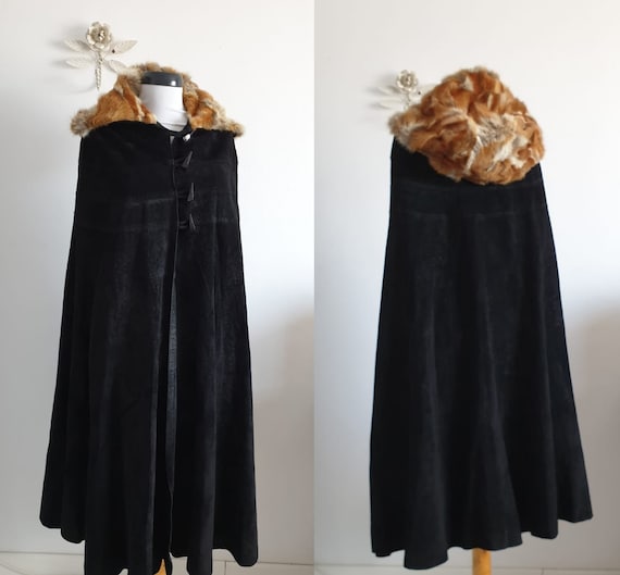 Black suede & fox fur cape | vintage leather cape