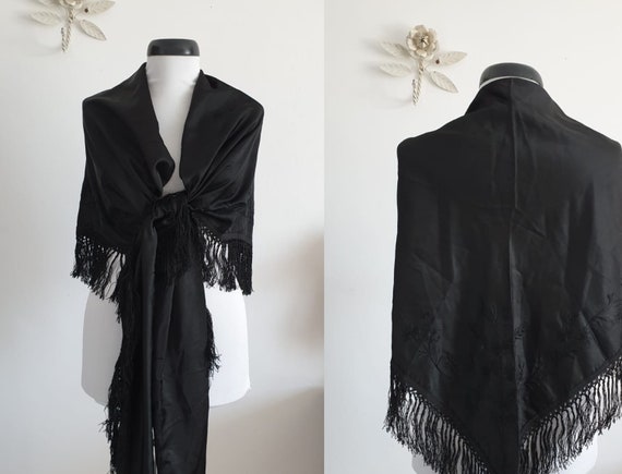 1930s black piano shawl | vintage 30s embroidery … - image 4