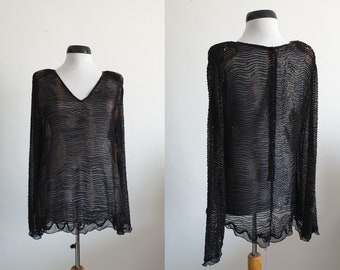 Vintage 1970s silk blouse | black silk blouse | silk chiffon blouse