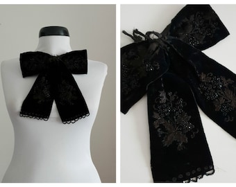 Antique black velvet bow | Victorian embroidered bow