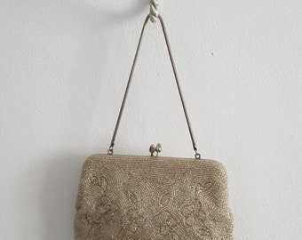 1950s silver beaded iridescent evening bag | vintage 50s bridal handbag