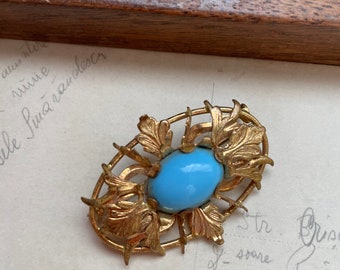 1930s brass brooch | vintage 30s turquoise brooch