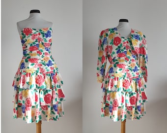 Vintage cocktail dress | silk chiffon dress & jacket | floral print dress and crop top