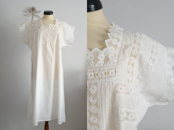 Antique cotton nightgown with eyelet embroidery in