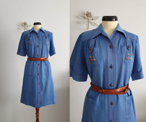 1970s denim cotton dress | vintage 70s dress