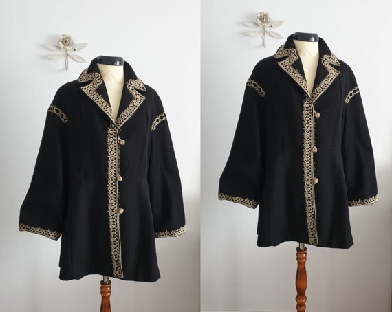 1940s black wool coat | vintage 40s embroidered co