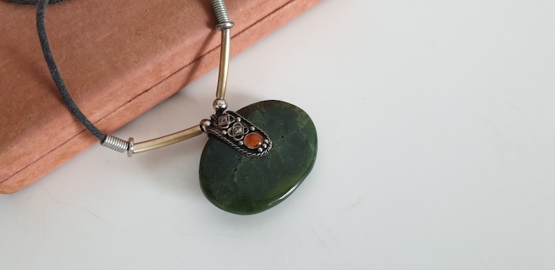 70s jade pendant Vintage 1970s jade necklace silver tone and jade necklace