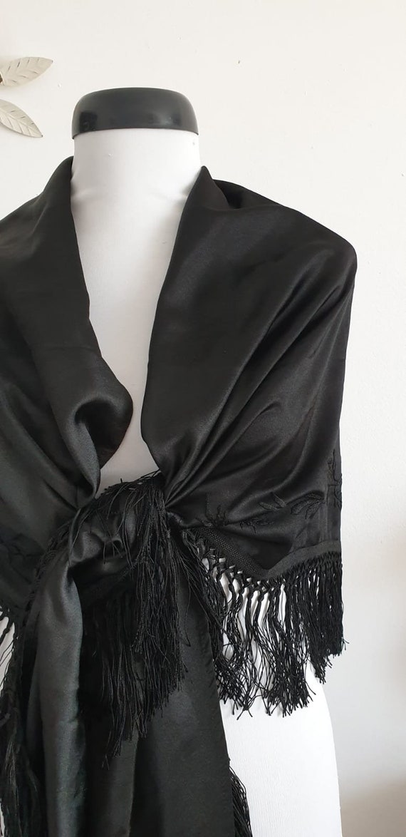 1930s black piano shawl | vintage 30s embroidery … - image 5
