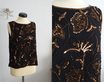 Zwarte zijden blouse uit de jaren 80 | Vintage blouse met lovertjes uit de jaren 80