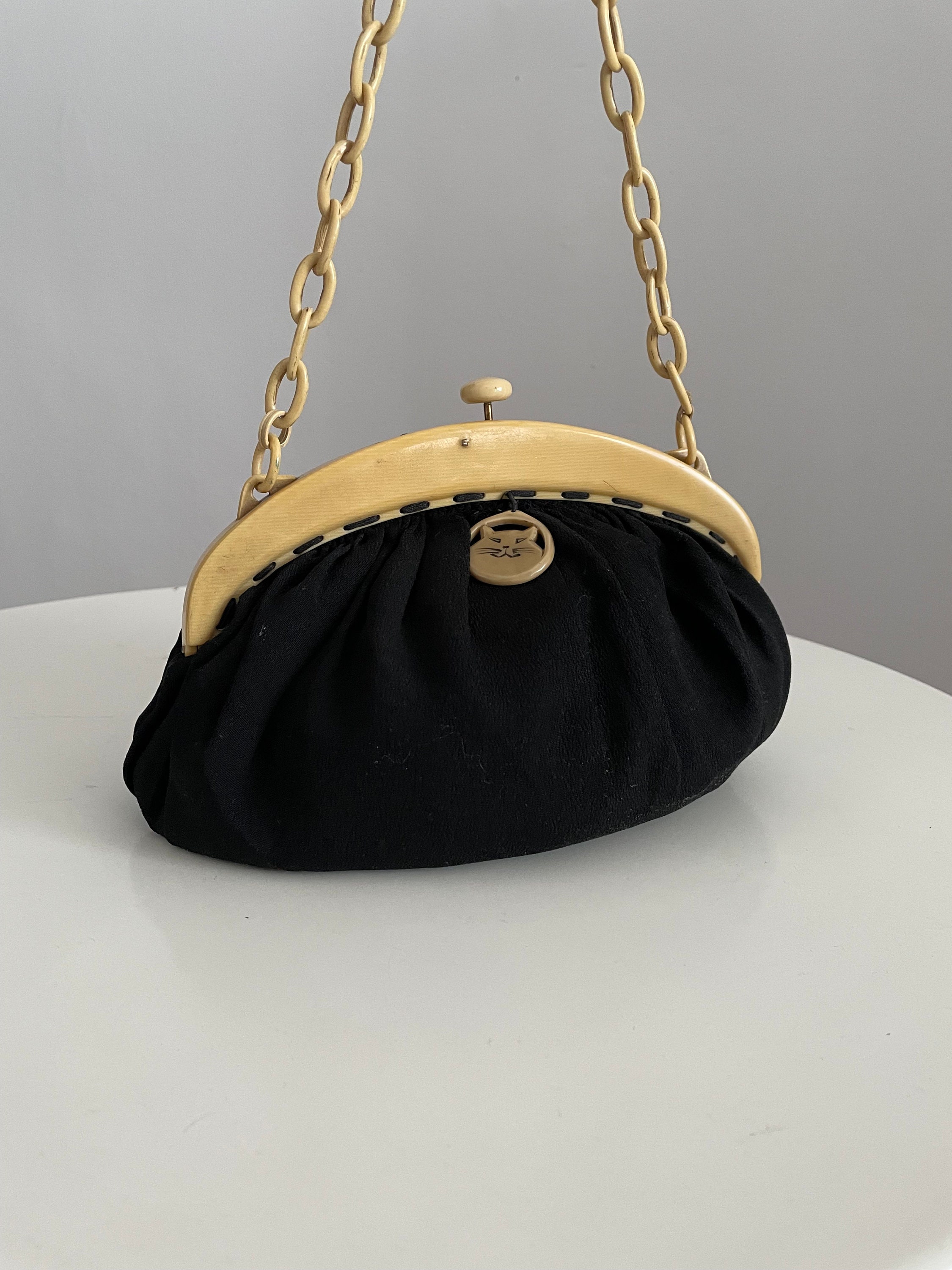 1920s black silk purse | antique 20s celluloid frame bag
