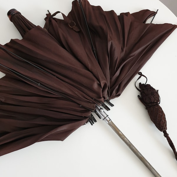 Vintage 1920s silk parasol | 20s brown silk parasol